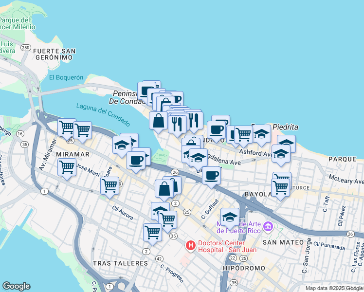 map of restaurants, bars, coffee shops, grocery stores, and more near 1149 Avenida Magdalena in San Juan