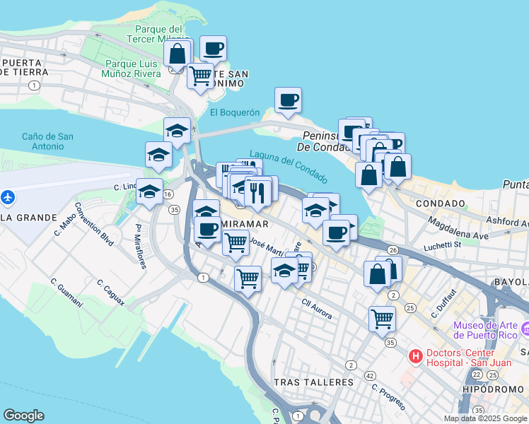 map of restaurants, bars, coffee shops, grocery stores, and more near 562 Calle Cuevillas in San Juan