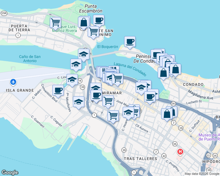 map of restaurants, bars, coffee shops, grocery stores, and more near in San Juan