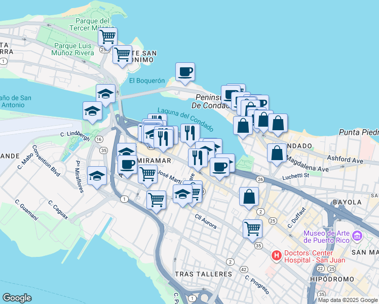 map of restaurants, bars, coffee shops, grocery stores, and more near 551 Calle Waymouth in San Juan