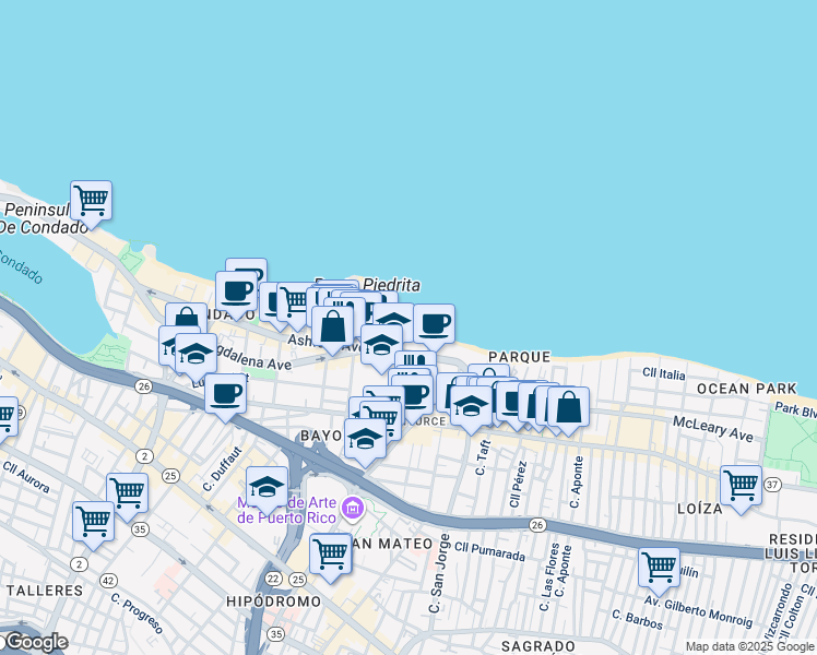 map of restaurants, bars, coffee shops, grocery stores, and more near 1479 Avenida Ashford in San Juan