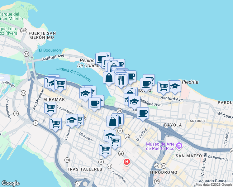 map of restaurants, bars, coffee shops, grocery stores, and more near 65 Calle Delcasse in San Juan