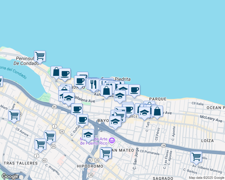 map of restaurants, bars, coffee shops, grocery stores, and more near Calle Nairn in San Juan