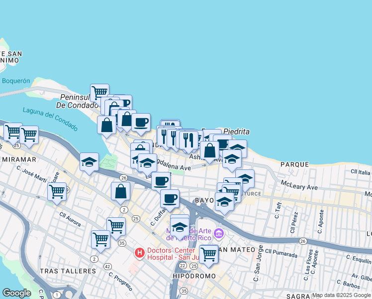 map of restaurants, bars, coffee shops, grocery stores, and more near 7 Calle Cervantes in San Juan