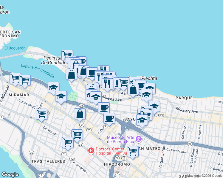 map of restaurants, bars, coffee shops, grocery stores, and more near 1309 Ashford Avenue in San Juan