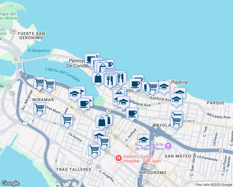 map of restaurants, bars, coffee shops, grocery stores, and more near 1149 Avenida Magdalena in San Juan