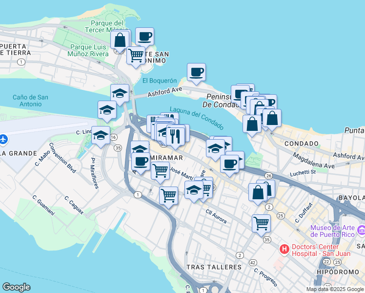 map of restaurants, bars, coffee shops, grocery stores, and more near 562 Calle Cuevillas in San Juan