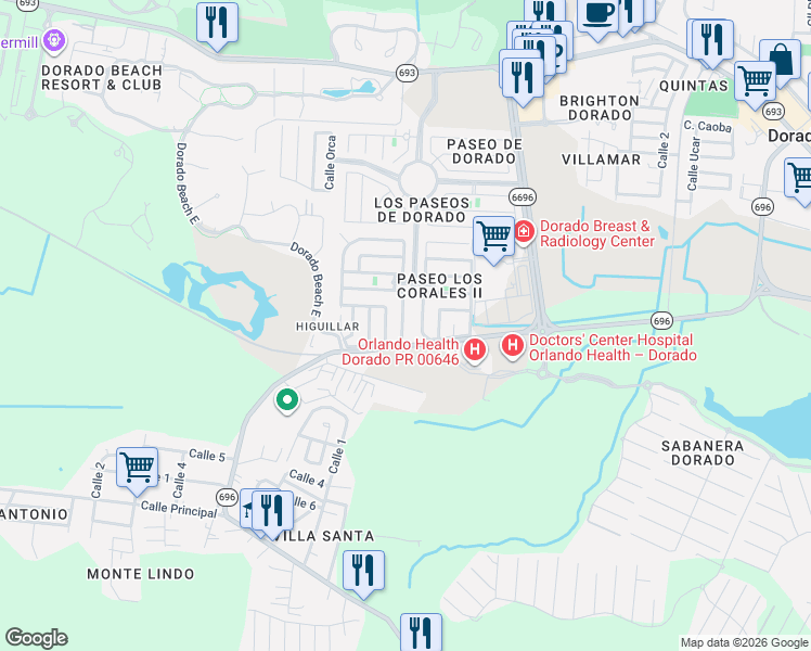 map of restaurants, bars, coffee shops, grocery stores, and more near Calle Mar del Norte in Dorado