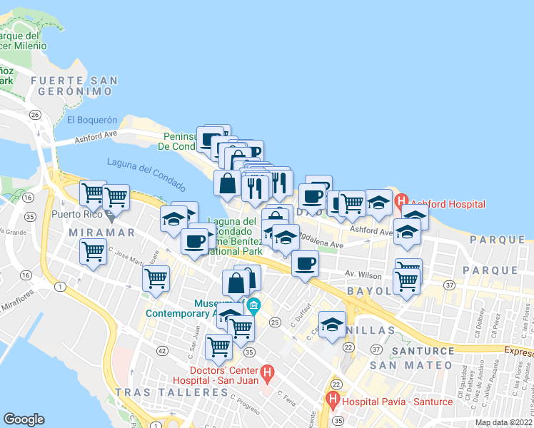 map of restaurants, bars, coffee shops, grocery stores, and more near 1149 Avenida Magdalena in San Juan