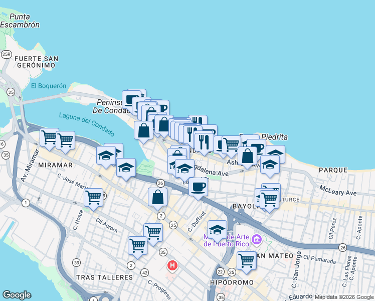 map of restaurants, bars, coffee shops, grocery stores, and more near 1124 Ashford Avenue in San Juan