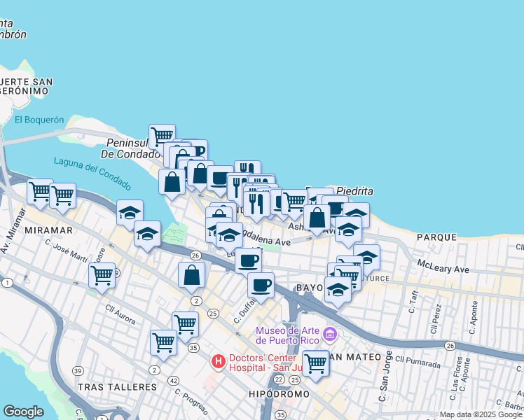 map of restaurants, bars, coffee shops, grocery stores, and more near 1309 Ashford Avenue in San Juan