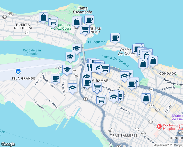 map of restaurants, bars, coffee shops, grocery stores, and more near in San Juan