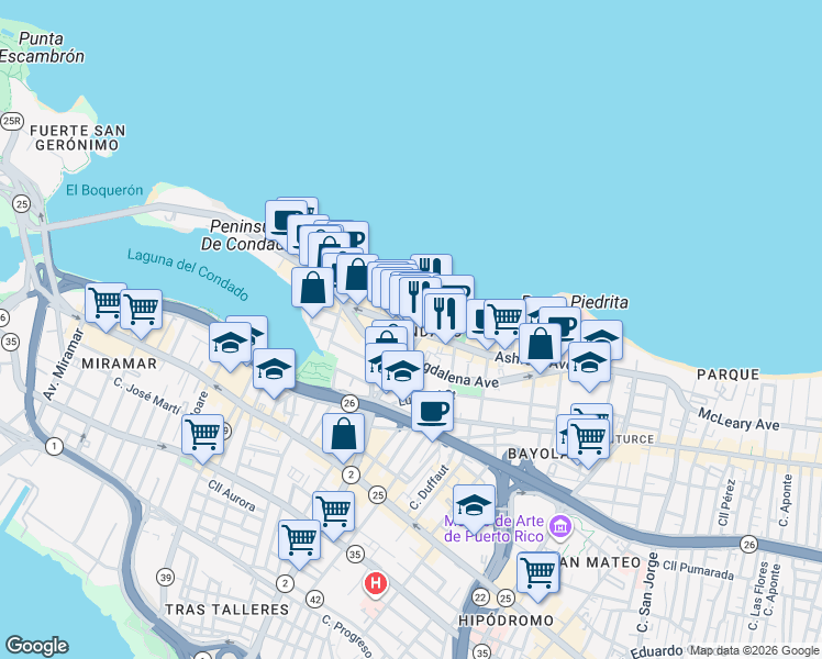 map of restaurants, bars, coffee shops, grocery stores, and more near 1130 Ashford Avenue in San Juan