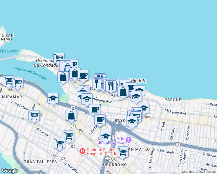 map of restaurants, bars, coffee shops, grocery stores, and more near 6 Calle Cervantes in San Juan