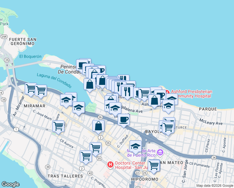 map of restaurants, bars, coffee shops, grocery stores, and more near in San Juan