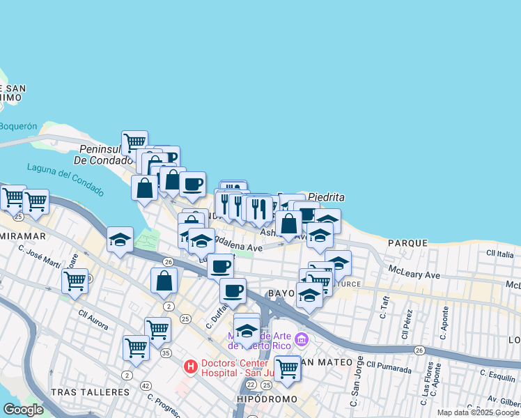 map of restaurants, bars, coffee shops, grocery stores, and more near 7 Calle Cervantes in San Juan