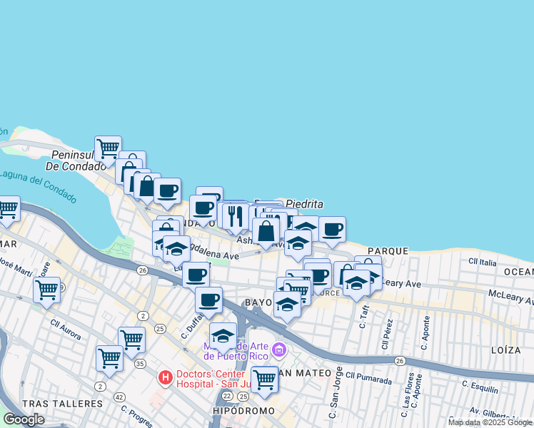 map of restaurants, bars, coffee shops, grocery stores, and more near in San Juan