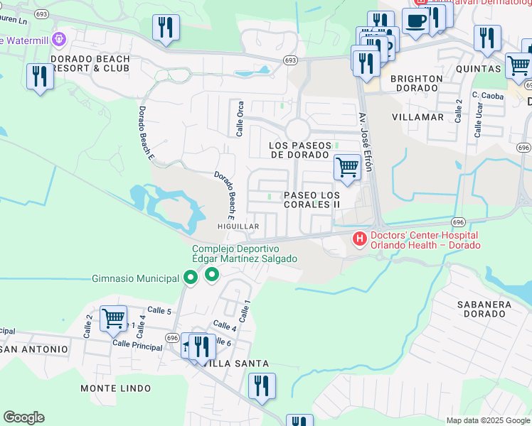 map of restaurants, bars, coffee shops, grocery stores, and more near Calle Mar de Bering in Dorado