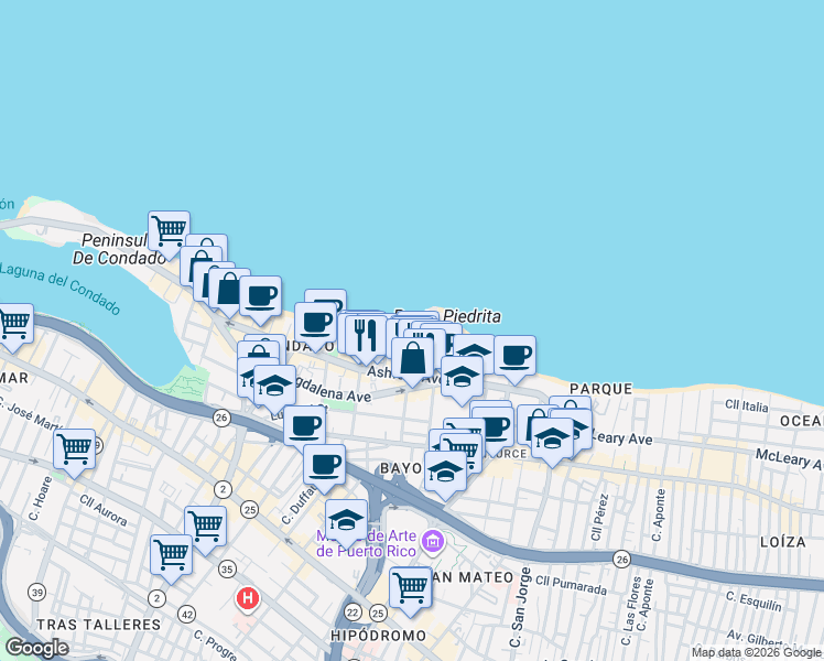 map of restaurants, bars, coffee shops, grocery stores, and more near in San Juan