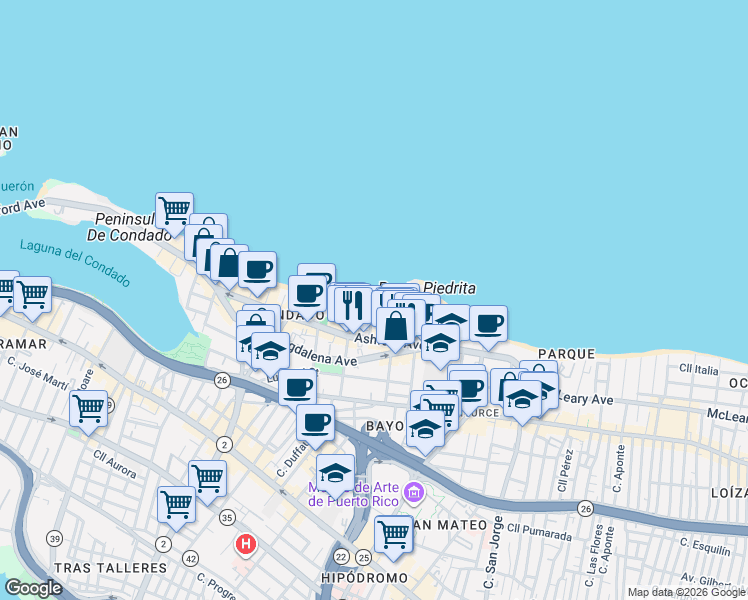 map of restaurants, bars, coffee shops, grocery stores, and more near in San Juan