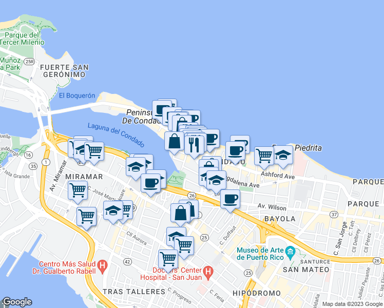 map of restaurants, bars, coffee shops, grocery stores, and more near 65 Calle Delcasse in San Juan