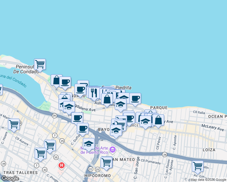 map of restaurants, bars, coffee shops, grocery stores, and more near Calle Nairn in San Juan