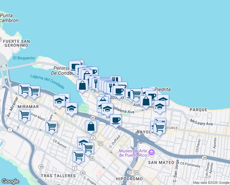 map of restaurants, bars, coffee shops, grocery stores, and more near 4 Condado Avenue in San Juan