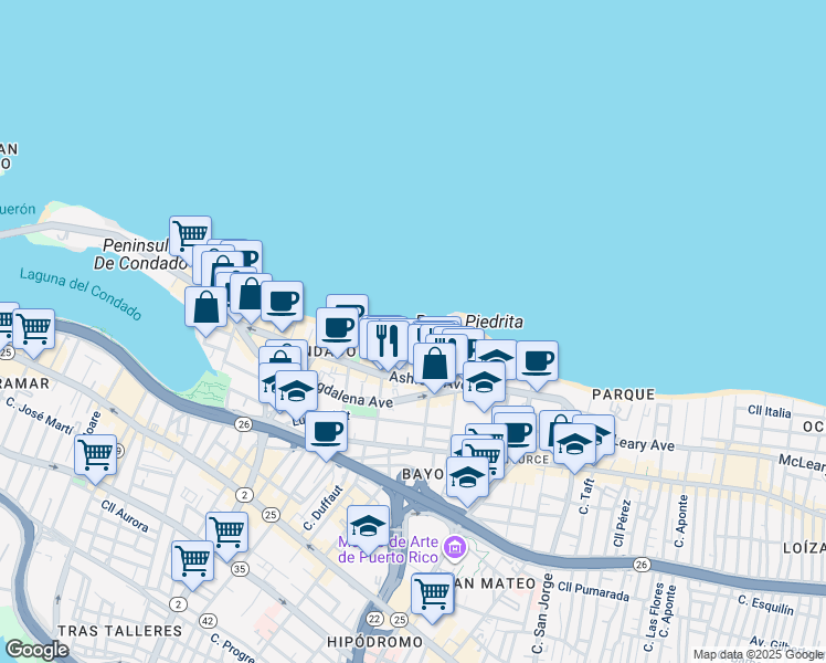map of restaurants, bars, coffee shops, grocery stores, and more near Paseo Don Juan in San Juan