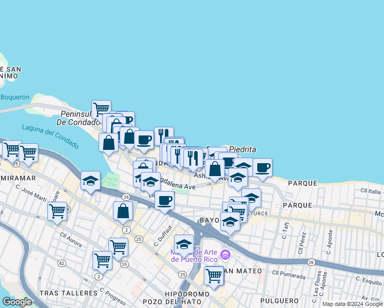 map of restaurants, bars, coffee shops, grocery stores, and more near 6 Calle Cervantes in San Juan