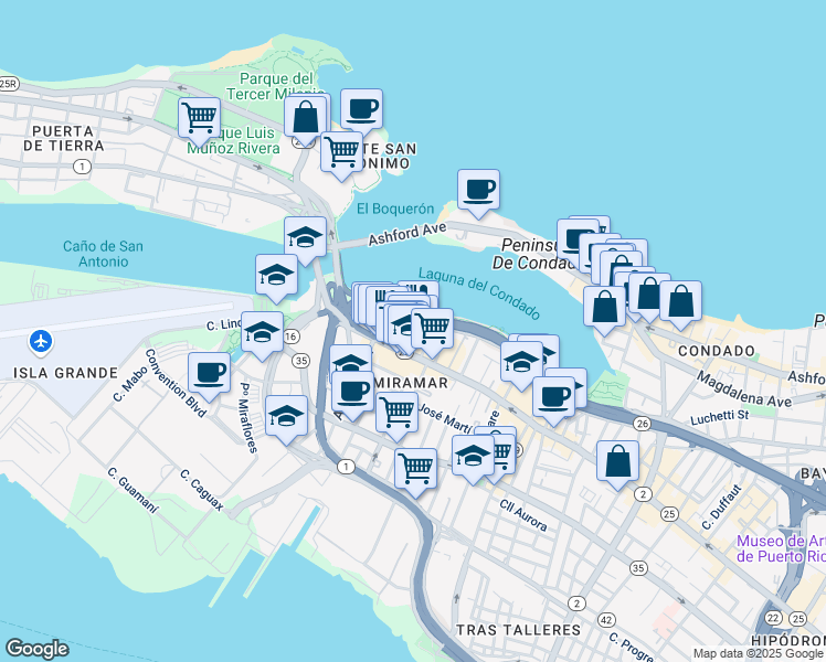 map of restaurants, bars, coffee shops, grocery stores, and more near 556 Avenida Miramar in San Juan