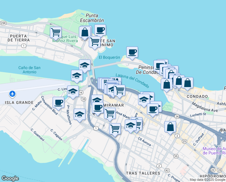 map of restaurants, bars, coffee shops, grocery stores, and more near 556 Avenida Miramar in San Juan