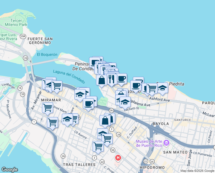 map of restaurants, bars, coffee shops, grocery stores, and more near in San Juan