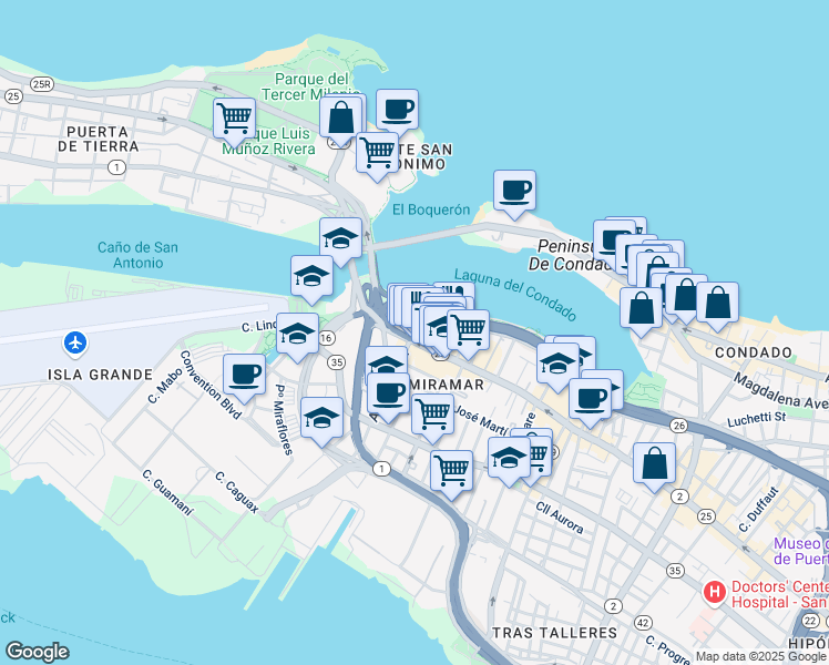 map of restaurants, bars, coffee shops, grocery stores, and more near 556 Avenida Miramar in San Juan