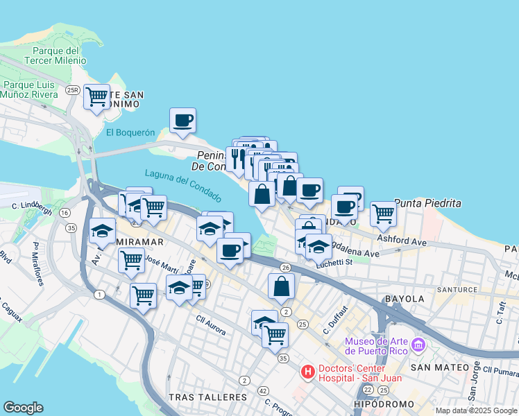 map of restaurants, bars, coffee shops, grocery stores, and more near 57 Calle Aguadilla in San Juan