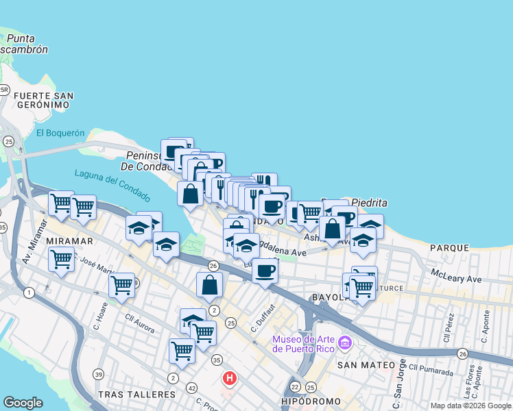 map of restaurants, bars, coffee shops, grocery stores, and more near in San Juan