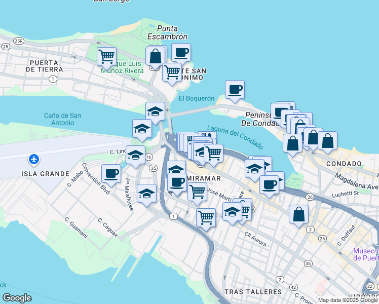 map of restaurants, bars, coffee shops, grocery stores, and more near 556 Avenida Miramar in San Juan