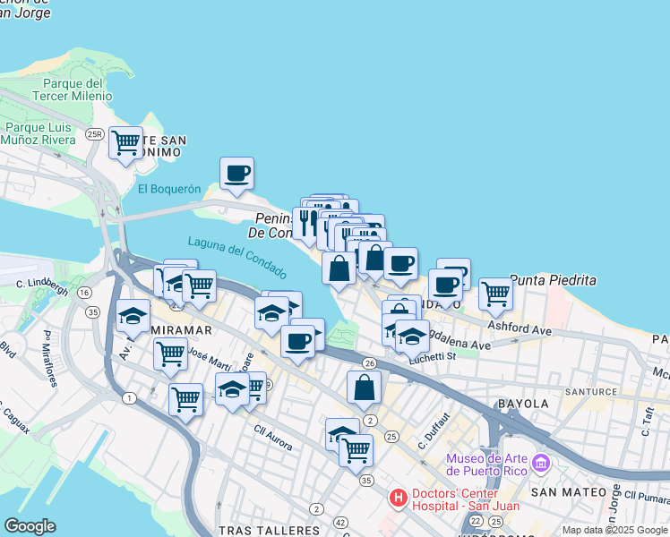 map of restaurants, bars, coffee shops, grocery stores, and more near 57 Calle Aguadilla in San Juan