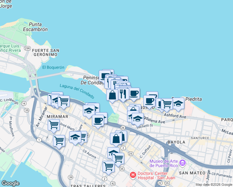 map of restaurants, bars, coffee shops, grocery stores, and more near in San Juan