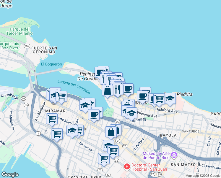 map of restaurants, bars, coffee shops, grocery stores, and more near in San Juan