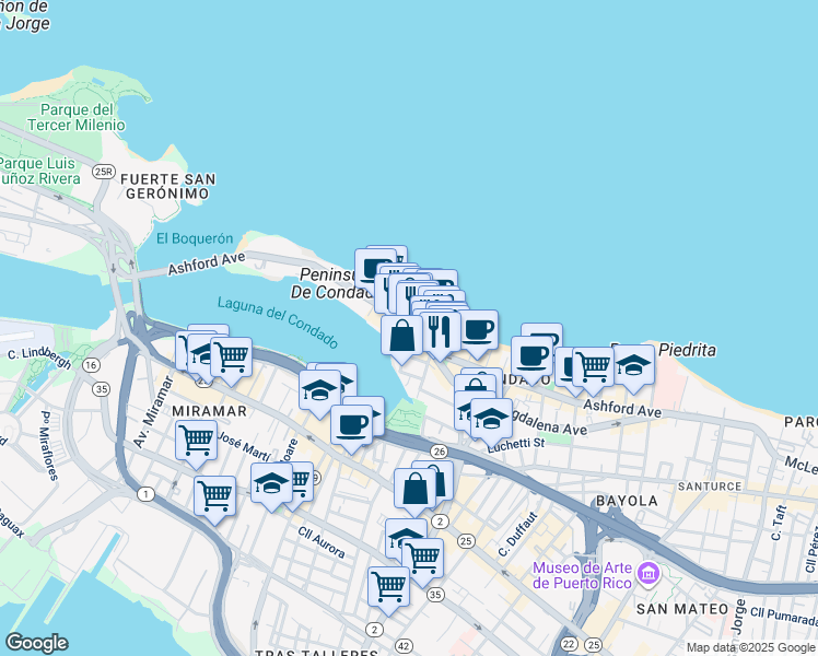 map of restaurants, bars, coffee shops, grocery stores, and more near in San Juan