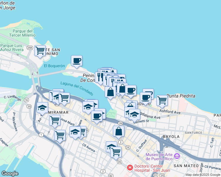 map of restaurants, bars, coffee shops, grocery stores, and more near 53 Calle Aguadilla in San Juan