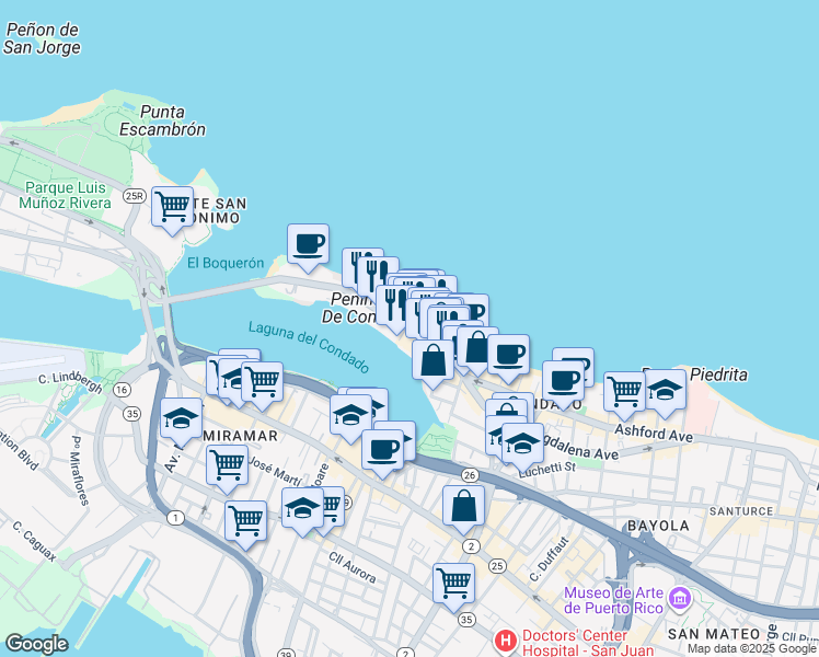 map of restaurants, bars, coffee shops, grocery stores, and more near 1045 Ashford Avenue in San Juan