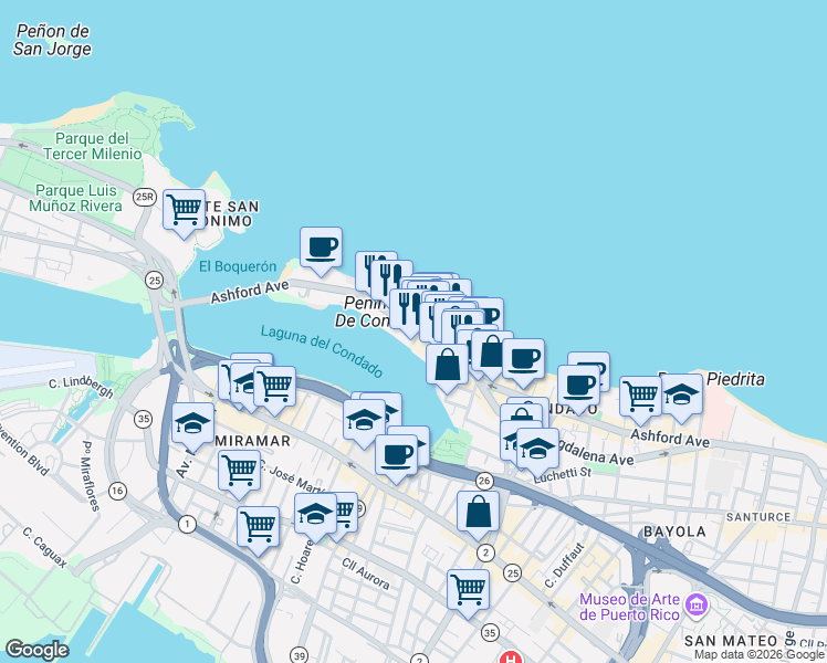 map of restaurants, bars, coffee shops, grocery stores, and more near 1045 Ashford Avenue in San Juan