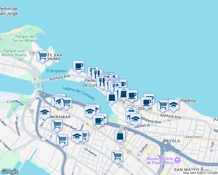 map of restaurants, bars, coffee shops, grocery stores, and more near 1045 Ashford Avenue in San Juan
