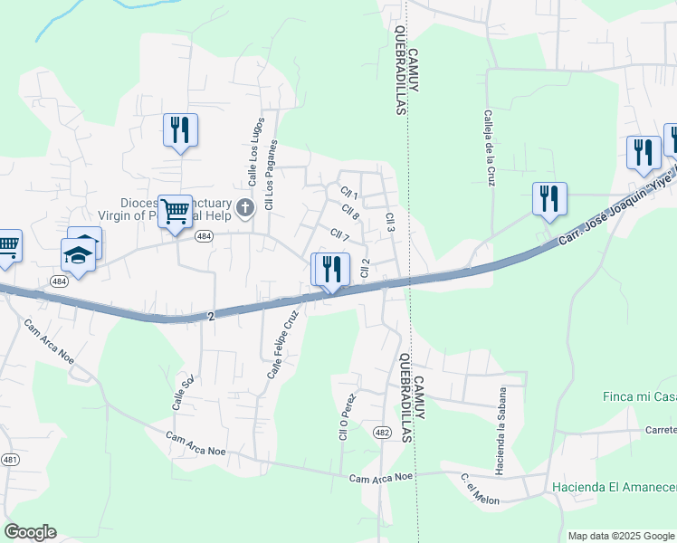 map of restaurants, bars, coffee shops, grocery stores, and more near Highway 2 in Quebradillas