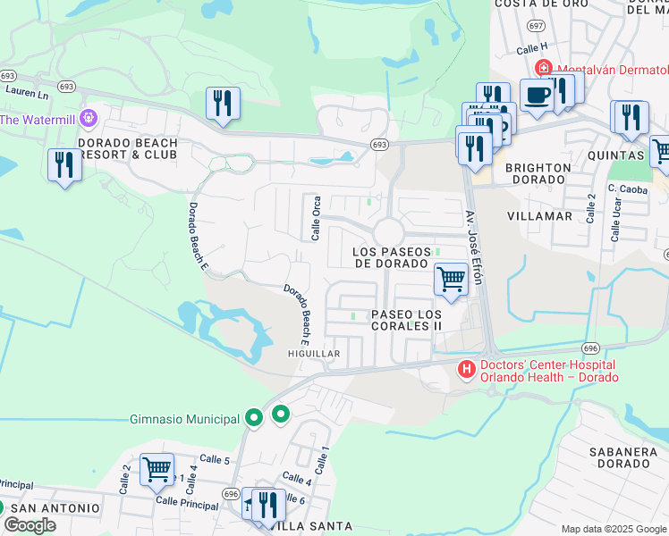 map of restaurants, bars, coffee shops, grocery stores, and more near Calle Thebe in Dorado