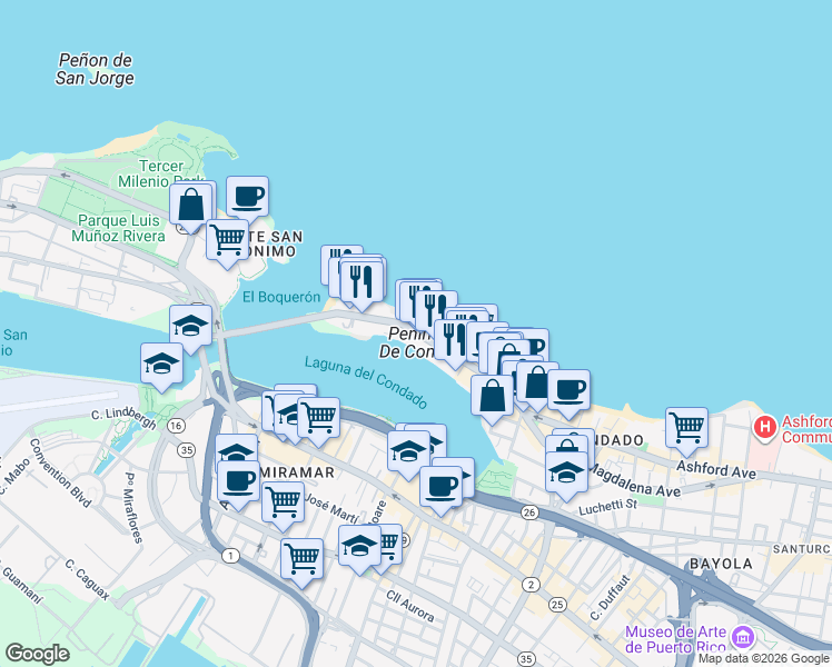 map of restaurants, bars, coffee shops, grocery stores, and more near 1019 Ashford Avenue in San Juan