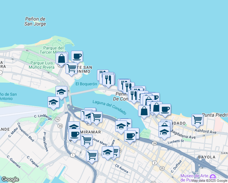 map of restaurants, bars, coffee shops, grocery stores, and more near 1019 Ashford Avenue in San Juan