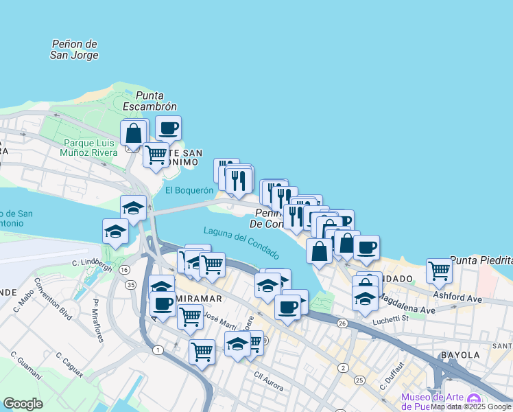 map of restaurants, bars, coffee shops, grocery stores, and more near 1019 Ashford Avenue in San Juan