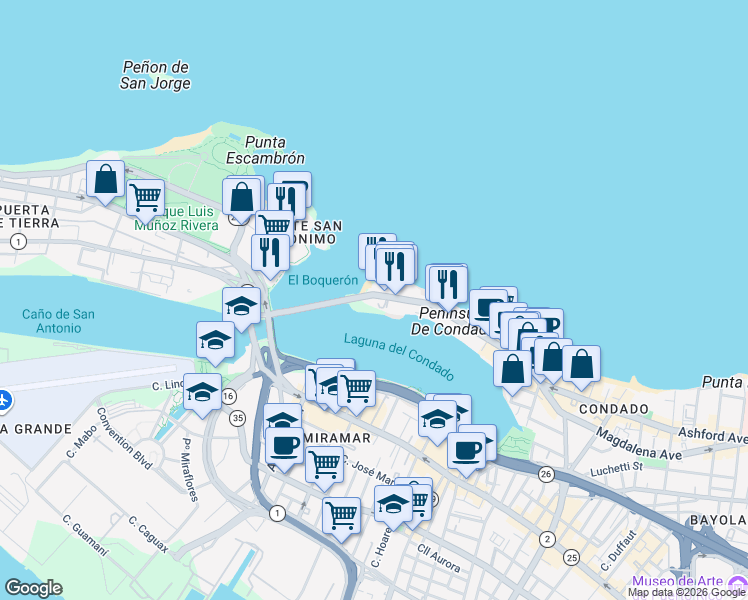 map of restaurants, bars, coffee shops, grocery stores, and more near in San Juan